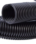 Close-up of black Split Flexible Tubing Pack With Corrugated Wire Loom For 3/8 And 1/2 Inch Cables, 10 Feet, 2-Piece Kit