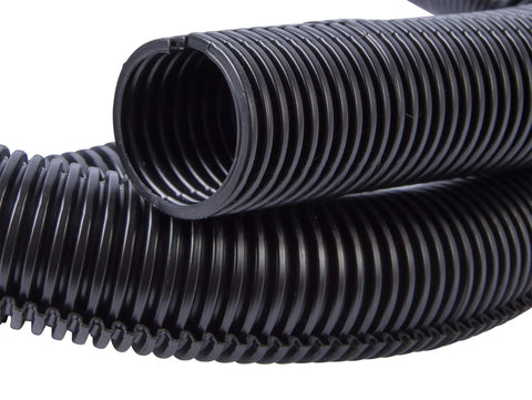 Close-up of black Split Flexible Tubing Pack With Corrugated Wire Loom For 3/8 And 1/2 Inch Cables, 10 Feet, 2-Piece Kit