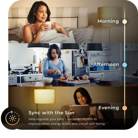 WiFi Smart LED Bulb 10W 60W Equivalent Multicolor RGB Tunable White 2000K To 5000K A19 E26 Frosted No Hub Required Voice Activated Works With Google Assistant And Alexa Two Pack, showing morning, afternoon, and evening lighting effects in home settings with a woman relaxing, cooking, and using a laptop.