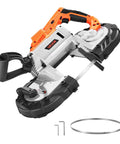 Cordless 20V Portable Band Saw With 5 Inch Deep Cut, Beefy 360W Brushless Motor, Adjustable Speed For Precise Metal And Wood Cutting, Bare Tool Only, Compatible With Makita Batteries, shown with blade and wrenches on a white background.