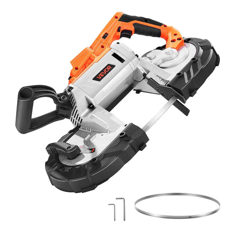 Cordless 20V Portable Band Saw With 5 Inch Deep Cut, Beefy 360W Brushless Motor, Adjustable Speed For Precise Metal And Wood Cutting, Bare Tool Only, Compatible With Makita Batteries, shown with blade and wrenches on a white background.
