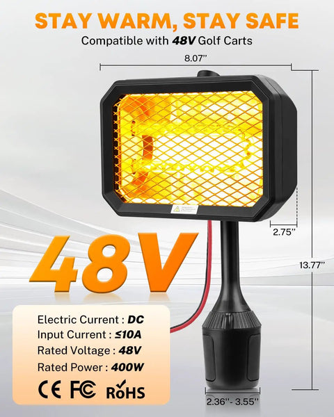 Badass 48V Electric Golf Cart Heater With Infinite Temperature Adjustment And Windproof Carbon Fiber Core, 400W, compact design.