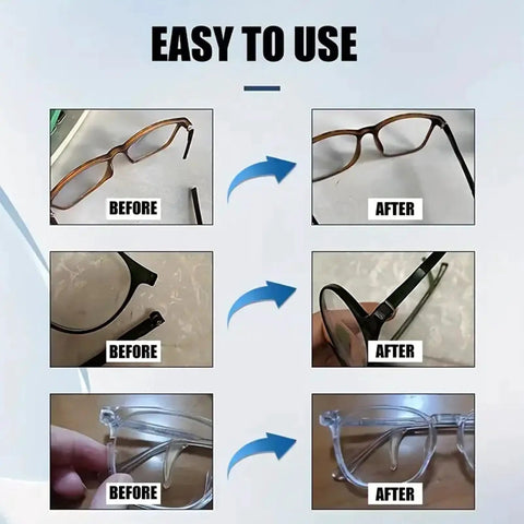 Before and after images of frames repaired using Eyeglasses Temples Repair Glue 20ml Quick Bonding for Metal and Resin Frames.