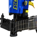 Close-up of Workhorse Pneumatic 15 Degree Coil Roofing Nailer With One Quarter Inch NPT Swivel Fitting, nail coil visible