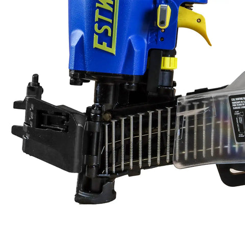 Close-up of Workhorse Pneumatic 15 Degree Coil Roofing Nailer With One Quarter Inch NPT Swivel Fitting, nail coil visible