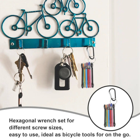 Sturdy Foldable Hex Wrench Set With Multi Color Coated Bits For Compact Bicycle Repair And Home Maintenance DIY Kit That Flips Open Easy for Any Outdoor Job Or Bathtub Fix Up Without Lugging Heavy Tools, folded on keychain