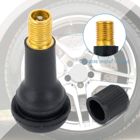 Close-up of 8 Pack TR413 Tubeless Tire Valve Stems, black rubber snap-in, brass thread, universal fit for 0.453 inch rim holes 11.5mm