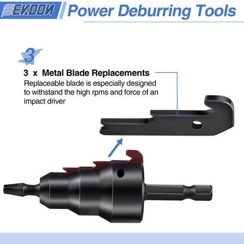 Pro Grade Conduit Reamer Kit With Bit Retention showed with metal blade replacements and hex key, suitable for half inch to one inch pipes.