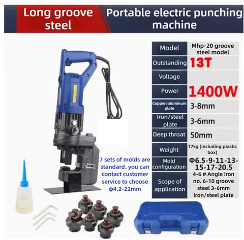 Heavy Duty Electric Hydraulic Punching Machine Mhp-20 with accessories, for fast holes in angle iron, steel and stainless steel.