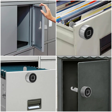 Heavy Duty Biometric Cabinet Lock With Bluetooth Digital Keyless Entry For Metal Storage Featuring Instant Swipe Capability Plus Twenty Unique Prints In A Sleek Two Centimeter Frame Helping You Ditch The Keys And Ride On Smooth Daily Access on gray lockers with open drawer view.