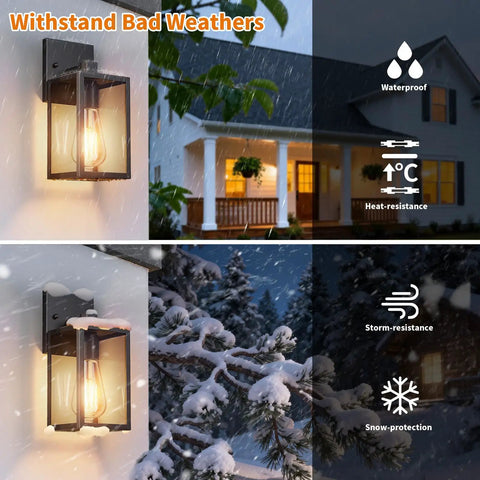 All Season Black Wall Sconces Built Tough To Beat The Elements With Heavy Duty Aluminum And Rainproof Glass E26 Socket Waterproof Exterior Lights For Porches Driveways And Garages Two Pack Set, shown against rain and snow backdrop.