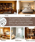 38 Inch Concealed Barn Door Hardware Kit, Sweet Soft Close Slider, multiple room setups including study and bedroom.