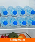 Totally Game Changer Stackable Water Bottle Organizer For Cabinet Storage, Clear Tumbler Holder That Takes 32 Oz Bottles And Energy Drinks, Saves Gobs Of Pantry Space While Keeping Your Setup Looking Fresh And Neat with water bottles in refrigerator.