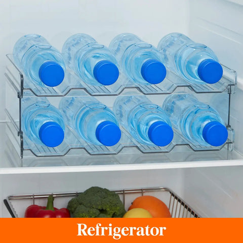 Totally Game Changer Stackable Water Bottle Organizer For Cabinet Storage, Clear Tumbler Holder That Takes 32 Oz Bottles And Energy Drinks, Saves Gobs Of Pantry Space While Keeping Your Setup Looking Fresh And Neat with water bottles in refrigerator.