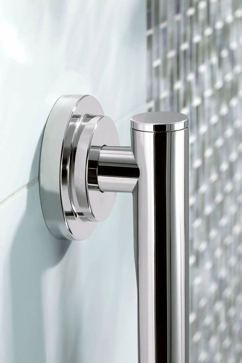 Close-up of 18 Inch Stainless Steel Chrome Bathroom Safety Grab Bar With No Slip Grip Pad, ADA Compliant, mounted on tiled wall