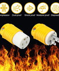 16 Piece Extension Cord Ends Kit For Power Runs 15A 125V 2 Pole 3 Wire Heavy Duty Male Plug And Female Connector Set 5-15P 5-15R Grounding Straight Blade ETL Listed showcasing its compression, dust, shock, and moisture proof qualities with fire-resistant properties in a dynamic display.