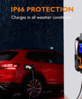 Portable Level 1 And Level 2 EV Charger With 25 Ft Cable J1772 16 Amp charging red electric car in rain, showing IP66 protection
