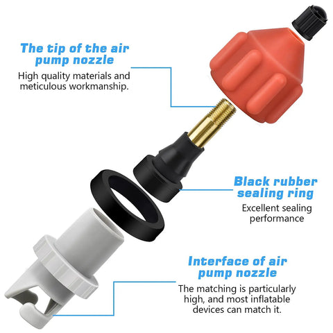 Two Pack Stand Up Paddle Board Pump Adapters With Leak Proof Air Valves For Quick Inflation And Deflation Of Inflatable Boats Kayaks And More Durable Rubber Brass PA66 Construction, black rubber sealing ring, brass fitting
