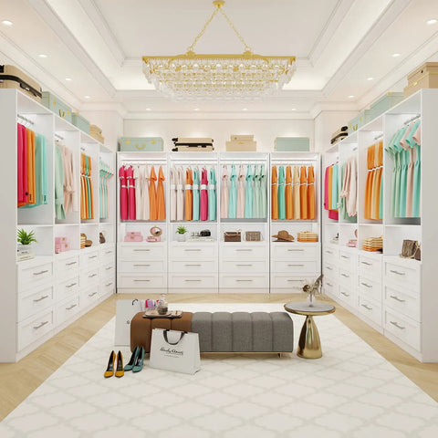 Total Glow Up For Your Space With Massive Freestanding Modular Closet System Featuring Solid Wood Drawers Hanging Rods And Shelves In White, showcasing organized clothing and accessories.