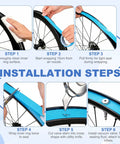 Installation steps for Tubeless Rim Tape 25mm By 10m PET Tire Liner, showing cleaning, wrapping, sealing on bicycle wheel.