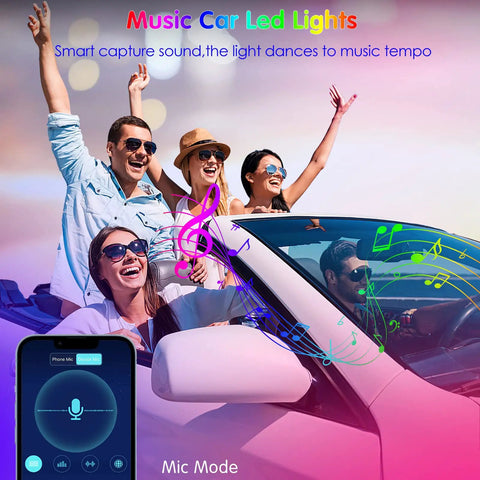 Group enjoying a drive with Interior Car Lights With App Control And Remote, RGB Under Dash LEDs With Music Sync, colorful display.