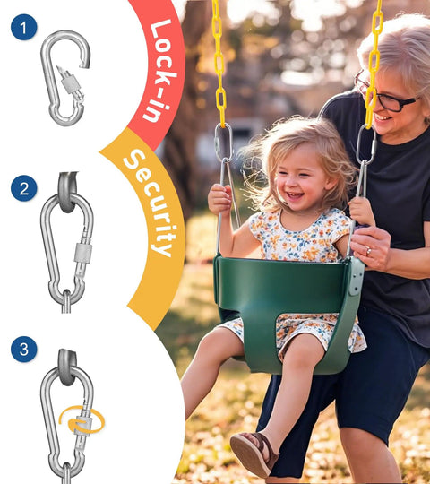 Child swinging on High Back Toddler Bucket Swing With Coated Chains And Locking Buckles For Safety at playground