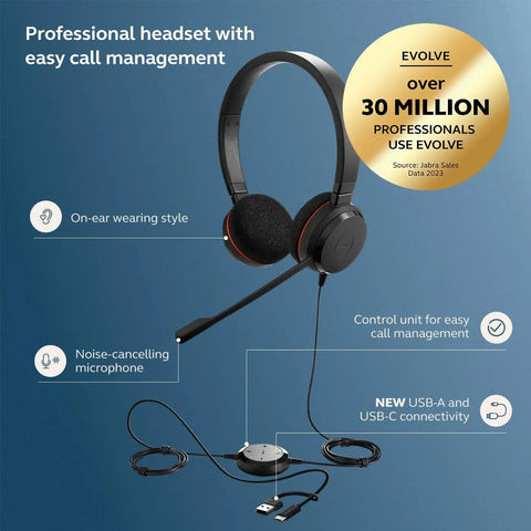 Evolve 20 Dual-Ear Wired Headset For Office And Work From Home With Crystal-Clear Calls, Noise-Canceling Microphone, Black, USB-C and USB-A Connectivity