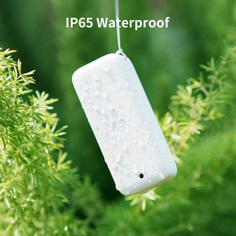IP65 Indoor Outdoor Bluetooth Hygrometer Thermometer 3 Pack With 394 Ft Range For Refrigerator And Home Use Dew Point VPD Absolute Humidity Sensor Beefy Battery Life For Two Years With Free Data Storage No Fuss. White waterproof sensor hanging outdoors