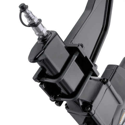 Close-up view of 3-In-1 Pneumatic Flooring Nailer And Stapler, metal air connection detail, part of durable pro tool for wood flooring.