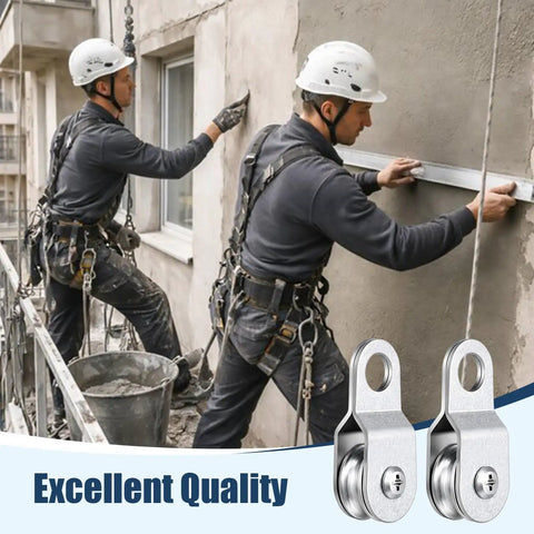 Open Pulley System Snatch Block With Bearing for Smooth Rope Feeding Set of 20 Small Single Pulleys Quiet Operation Great for DIY Lifting Rigging Clotheslines and Light Hauling installed on construction wall
