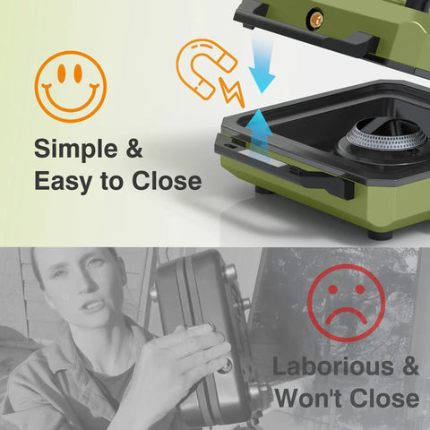 Two Burner Camping Stove With Windshield 20000 BTU Propane Camp Stove Portable Folding Gas Stove detail on easy magnetic closure.