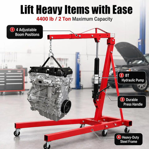 Built Tough 2 Ton Hydraulic Engine Hoist Bringing 4400 Lbs Of Serious Lifting Muscle To Your Shop with engine lifted.