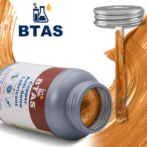 Front view of BTAS copper anti-seize grease for spark plug bolts, 8 oz bottle
