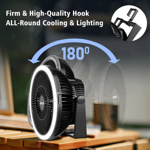 Portable Camping Fan With LED Lantern 8 Inch, Rechargeable 10000mAh Battery, 3 Speed, 180 Degree Rotating Head with Hook