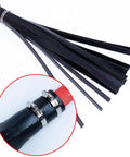 Close-up of No Sweat Heavy Duty Red Rubber Fire Mop Broom with black rubber strips and stainless steel clamps on handle.
