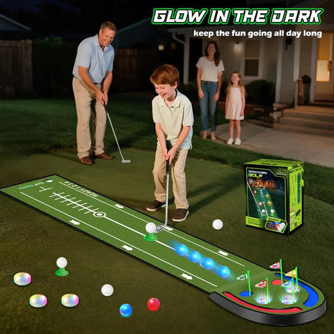 Kids playing on Kids Golf Putting Mat 7.8 Ft With LED Light Up Holes Glowing Balls Two Clubs Indoor Outdoor Toy Golf Game Set