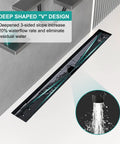 36 Inch Linear Shower Drain with Rectangular Brick Pattern Grate in Matte Black Dope Finish, showing deep V design and water flow