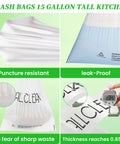 15 Gallon Tall Kitchen Trash Bags puncture resistant leak proof with 0.85 mil thickness