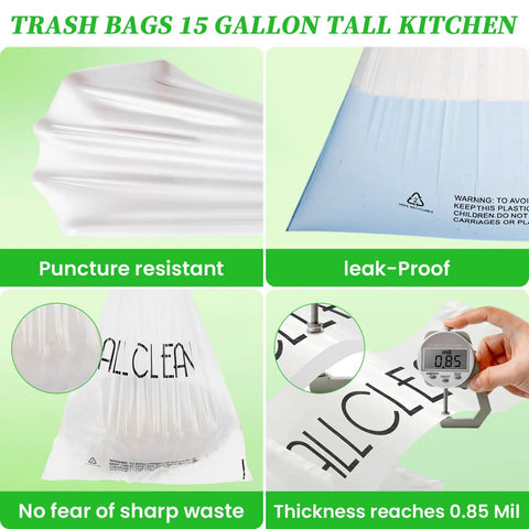 15 Gallon Tall Kitchen Trash Bags puncture resistant leak proof with 0.85 mil thickness