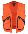 Killer Blaze Orange Ballistic Vest For Men High Visibility Hunting Gear With Water Repellent Finish Insanely Tough Zippered Pockets Straight Up Trail Ready Field Gear, front view with zippered pockets.