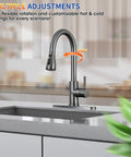 SOEBIZ Grey Kitchen Faucets with Pull Down Sprayer featuring 360° rotation and modern design in a sleek kitchen setting.