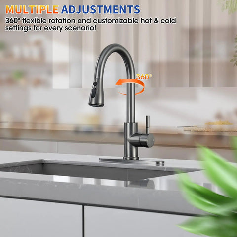 SOEBIZ Grey Kitchen Faucets with Pull Down Sprayer featuring 360° rotation and modern design in a sleek kitchen setting.
