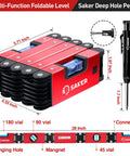 Legit Multi Function Foldable Level Plus Deep Hole Pencil Kit Hella Portable Measuring Ruler in red with multiple vials and sizes.
