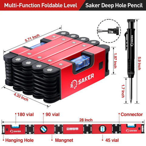 Legit Multi Function Foldable Level Plus Deep Hole Pencil Kit Hella Portable Measuring Ruler in red with multiple vials and sizes.