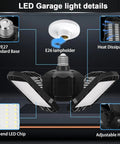 Diagram showing Hella Bright 150W LED Garage Lights With Four Flexible Panels, 15000 Lumens, 6500K Daylight, E26 E27 Socket features