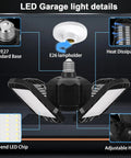 Diagram of 2 Pack LED Garage Light Super Bright 260W 26,000 LM 6500K Daylight With 8 And 1 Deformable Panels E26 E27 Socket