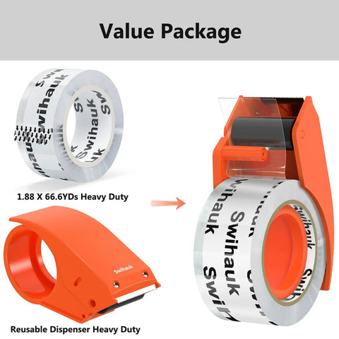 Heavy Duty Clear Packing Tape With Dispenser Set 1 Roll Plus Dispenser Beefy Water Based Adhesive Shown with Orange Dispenser