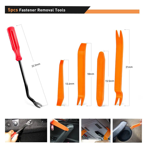 5pcs fastener removal tools with measurements, red and orange trim panel kit for car interior use