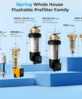 Multiple Spin Down Sediment Filter For Whole House, Flushable Prefilters, 50 Micron, Lead-Free Brass, diverse sizes on blue display