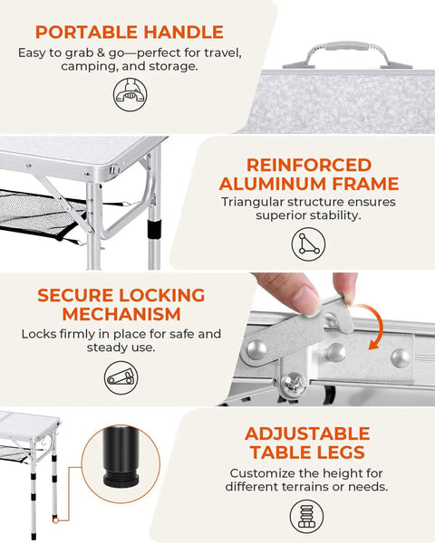 Close-up of adjustable camping table folding lightweight 5lb table with four height levels and lock mechanism focus on handle and frame.